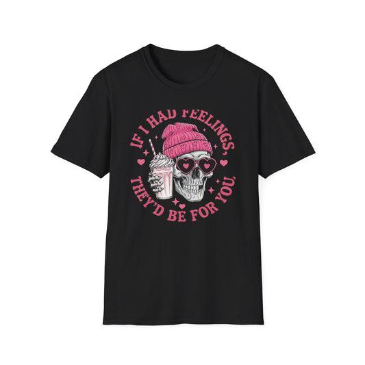 Sassy Skull Feelings T-Shirt - Trendy Pink Beanie & Heart Glasses Milkshake Tee | Funny Anti-Valentine's Edgy Humor Gift
