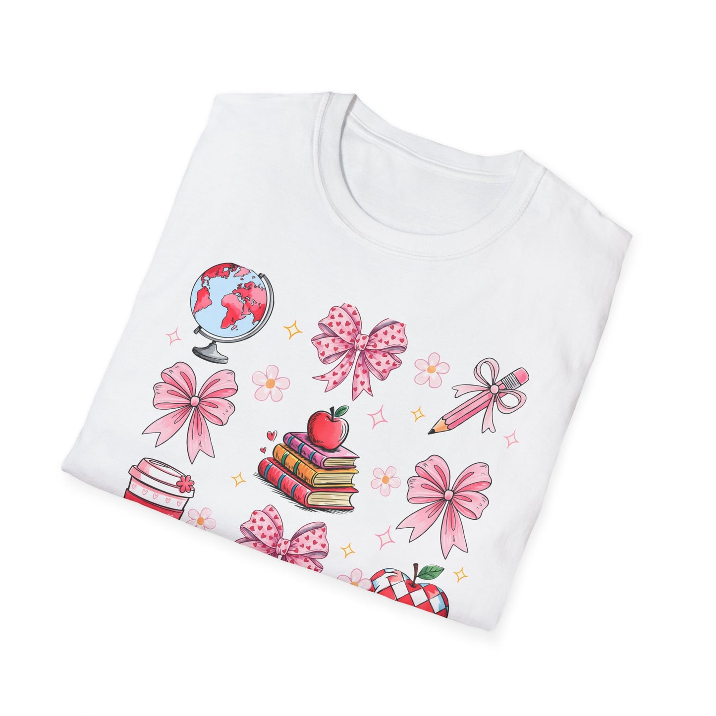 Awesome Teacher Appreciation T-Shirt | 'Teaching Is A Work of Heart' Tee | Cute School Supplies & Pink Bows Gift
