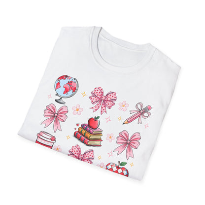 Awesome Teacher Appreciation T-Shirt | 'Teaching Is A Work of Heart' Tee | Cute School Supplies & Pink Bows Gift
