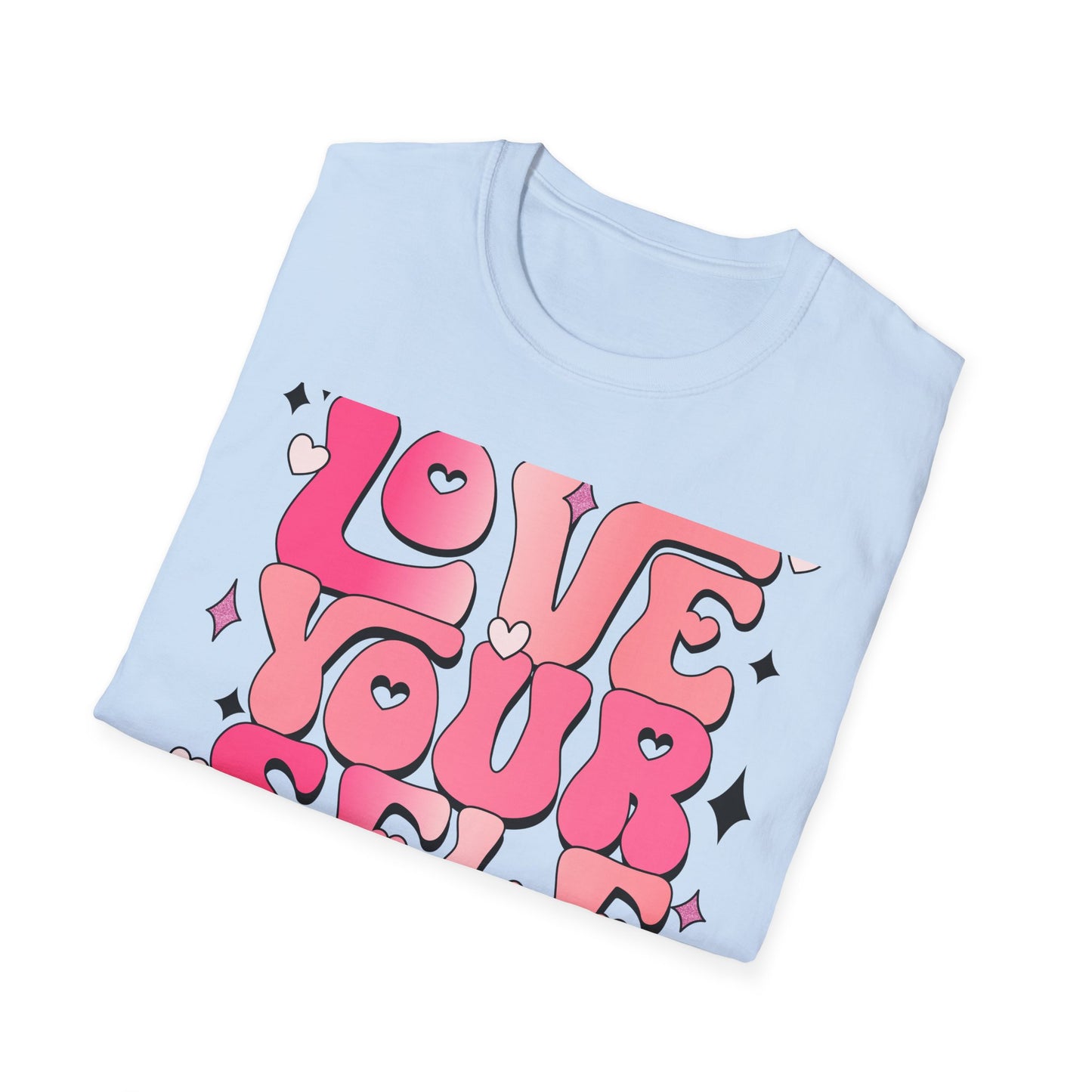 Groovy "Love Yourself" T-Shirt | Pink Retro Self-Love Tee with Hearts & Sparkles | Empowering & Chic Women's Affirmation Top