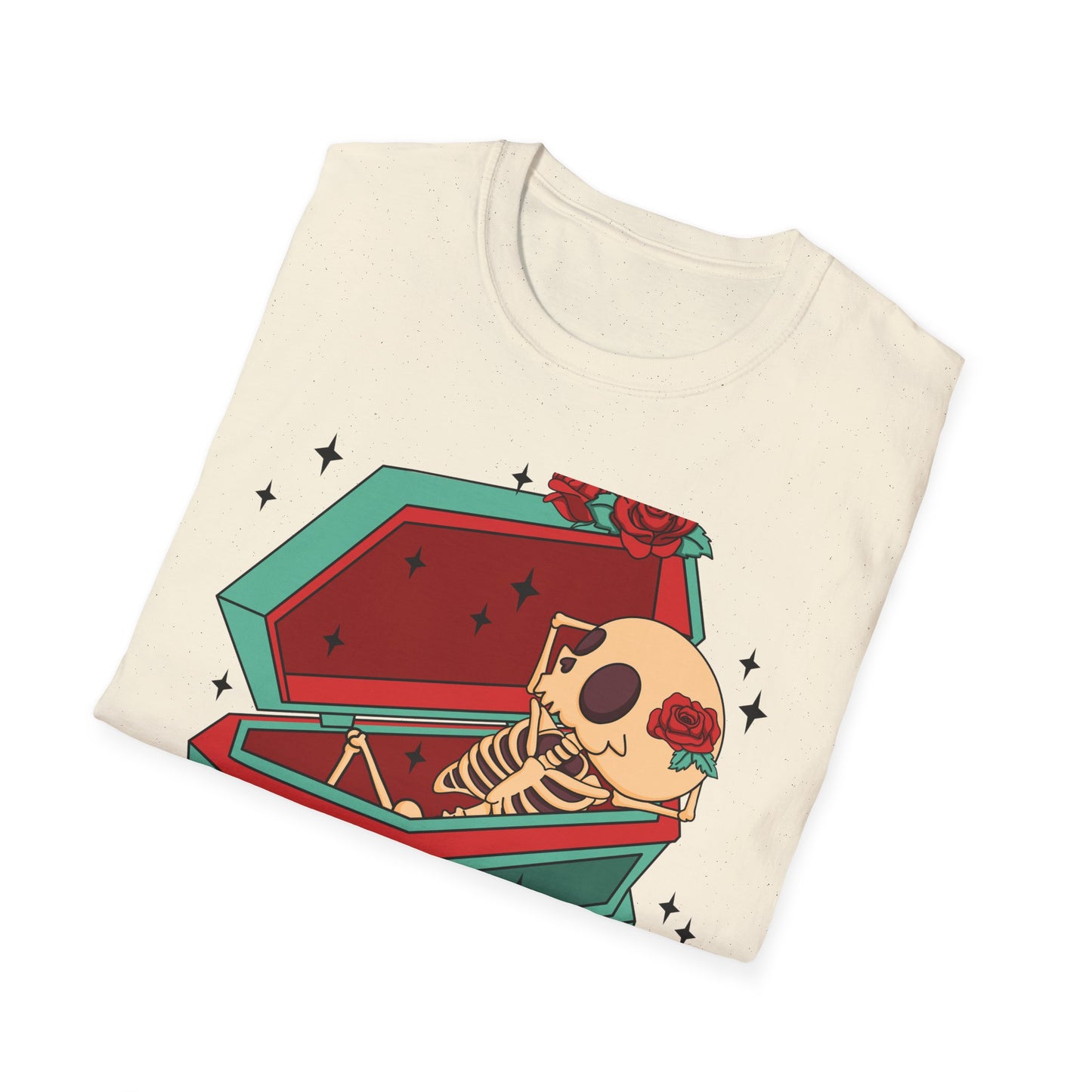 Chill Skeleton in Coffin T-Shirt | Unique Spooky Cute Goth Tee with Red Roses | Ultimate Alternative Style