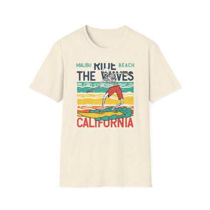 Epic Malibu Skeleton Surfer T-Shirt - Ride The Waves California Beach Retro Tee | Unique Vintage Style Surf Graphic