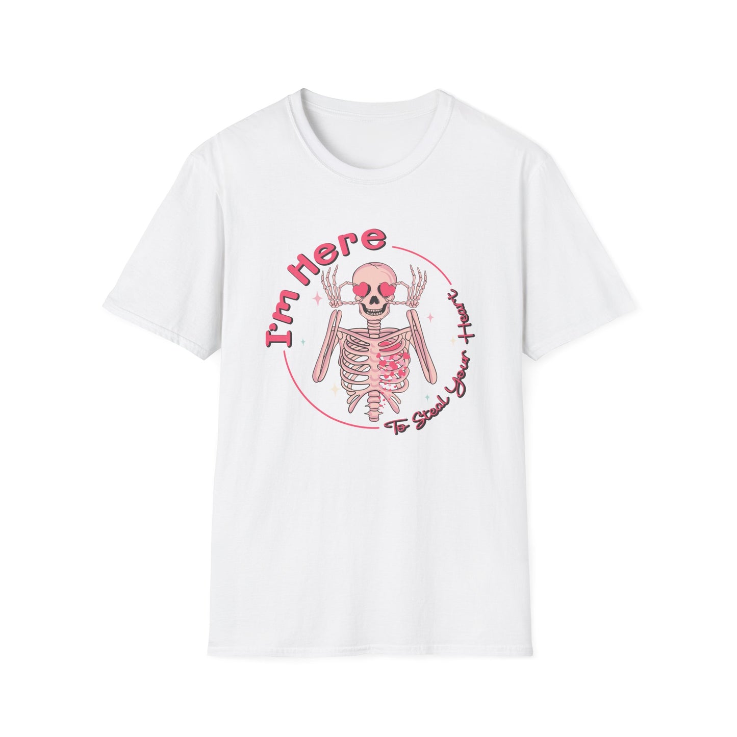 Charming Skeleton Love T-Shirt: "I'm Here To Steal Your Heart" Valentine's Day Graphic Tee – Unique Romantic Gift