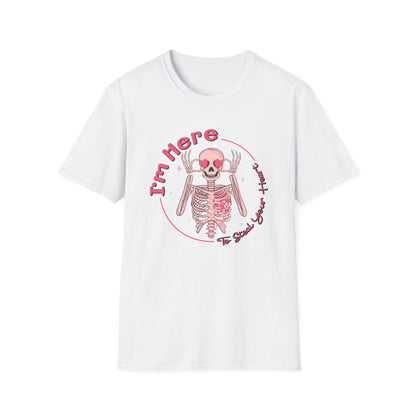 Charming Skeleton Love T-Shirt: "I'm Here To Steal Your Heart" Valentine's Day Graphic Tee – Unique Romantic Gift