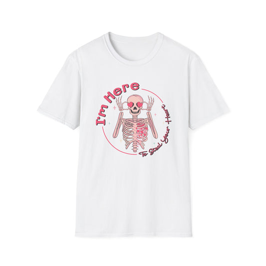 Charming Skeleton Love T-Shirt: "I'm Here To Steal Your Heart" Valentine's Day Graphic Tee – Unique Romantic Gift