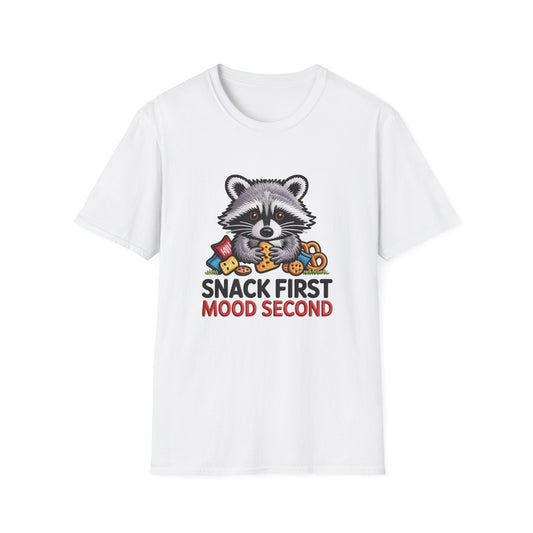 Adorable Raccoon Snack First Mood Second T-Shirt | Funny Embroidered Style Animal Lover Tee | Ultimate Snacker Gift