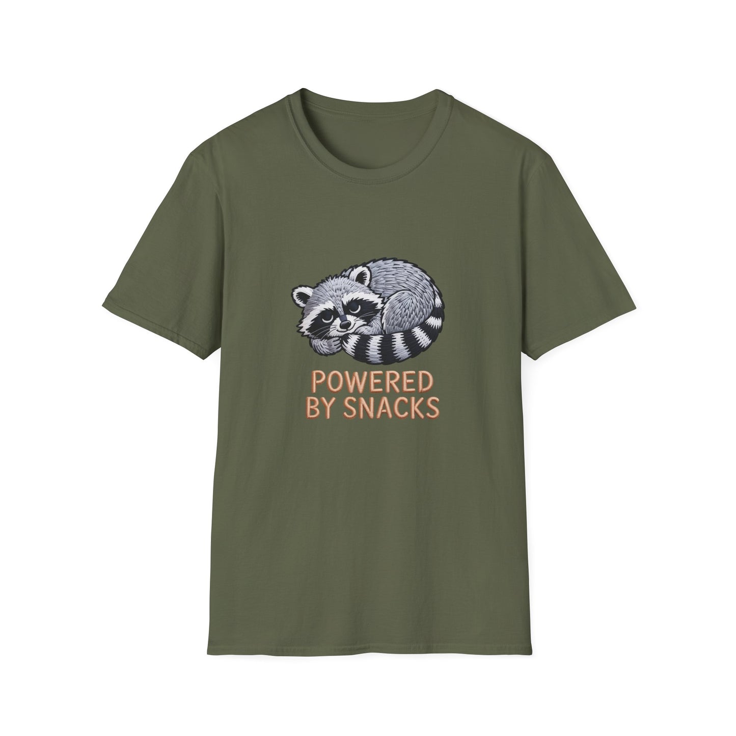 Powered By Snacks Adorable Raccoon T-Shirt | Funny Foodie Animal Lover Tee | Hilarious Snack Enthusiast Gift