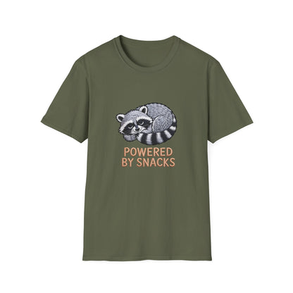 Powered By Snacks Adorable Raccoon T-Shirt | Funny Foodie Animal Lover Tee | Hilarious Snack Enthusiast Gift
