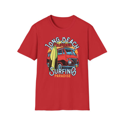 Vintage Long Beach California Surfing Paradise T-Shirt | Retro VW Bus & Surfboard Beach Lover Tee | Cool Summer Vacation Gift
