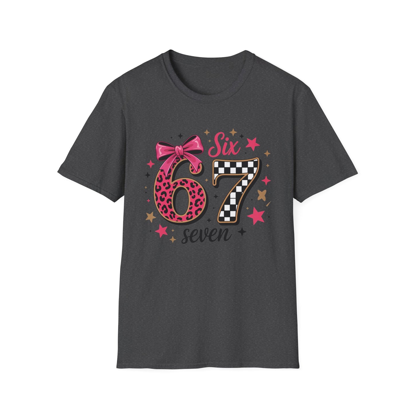 Glam Six & Seven Birthday T-Shirt for Girls | Trendy Pink Leopard Print 6 & 7 Kids Party Tee with Checkerboard & Sparkly Bow