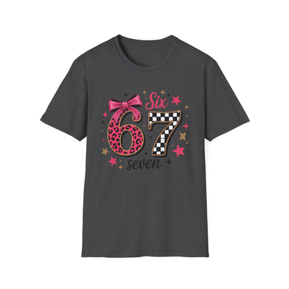 Glam Six & Seven Birthday T-Shirt for Girls | Trendy Pink Leopard Print 6 & 7 Kids Party Tee with Checkerboard & Sparkly Bow
