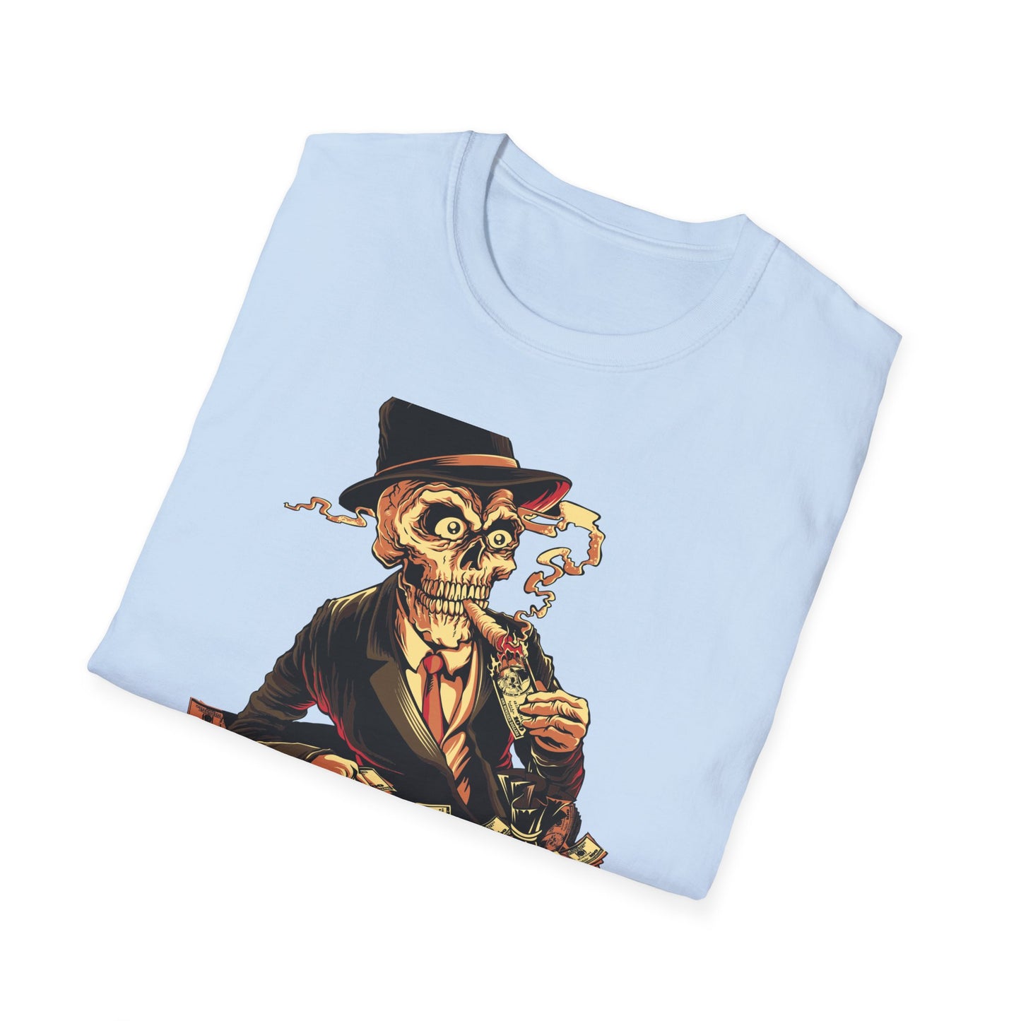 Epic Billionaire Skeleton T-Shirt: Dapper Skull, Money Stacks & Burning Dollar Cigar - Ultimate Hustle Tee