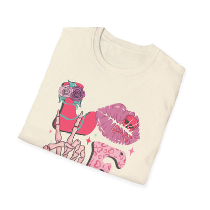 Edgy Pink Grunge T-Shirt: Skull Kiss, Peace Skeleton Hand, Roses & Heart Initial 'E' Design. Trendy Alt Fashion Tee.