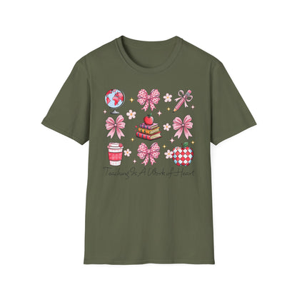Awesome Teacher Appreciation T-Shirt | 'Teaching Is A Work of Heart' Tee | Cute School Supplies & Pink Bows Gift