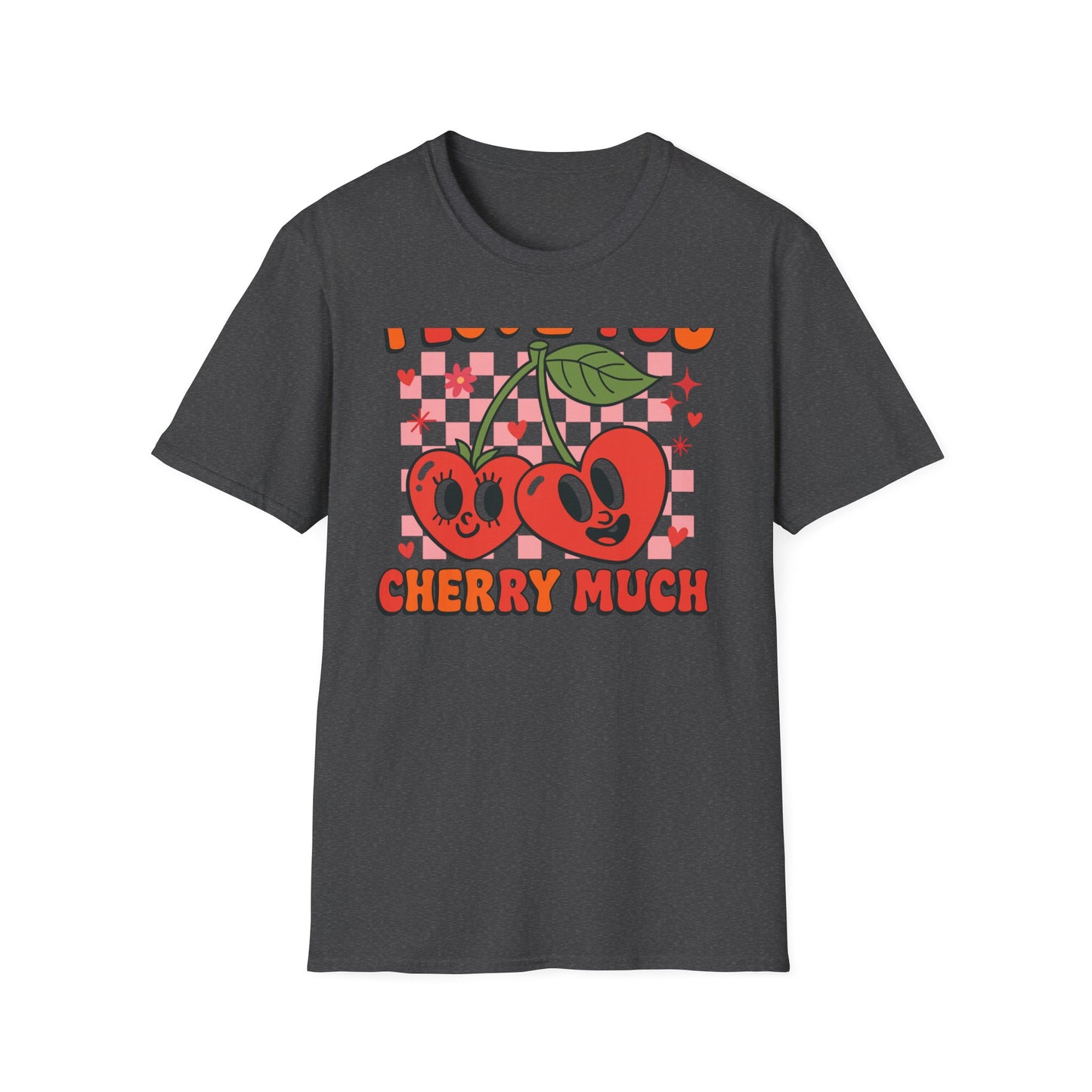 Adorable "I Love You Cherry Much" T-Shirt | Sweet Retro Heart Cherries & Groovy Checkered Love Pun Tee | Perfect Valentine's Day Gift