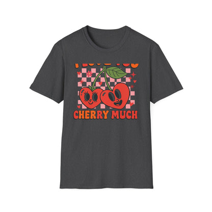 Adorable "I Love You Cherry Much" T-Shirt | Sweet Retro Heart Cherries & Groovy Checkered Love Pun Tee | Perfect Valentine's Day Gift