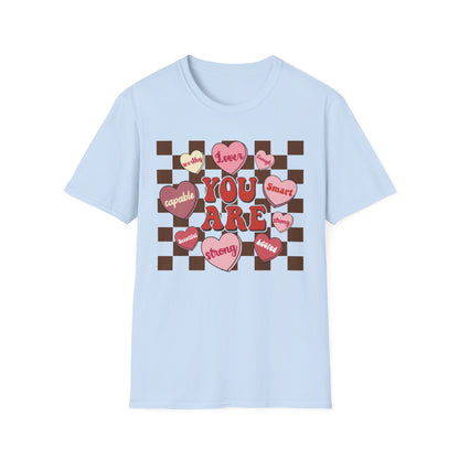 Empowering 'You Are' Positive Affirmation T-Shirt - Retro Candy Heart Self-Love Tee for Women & Teens - Ultimate Confidence Booster Gift