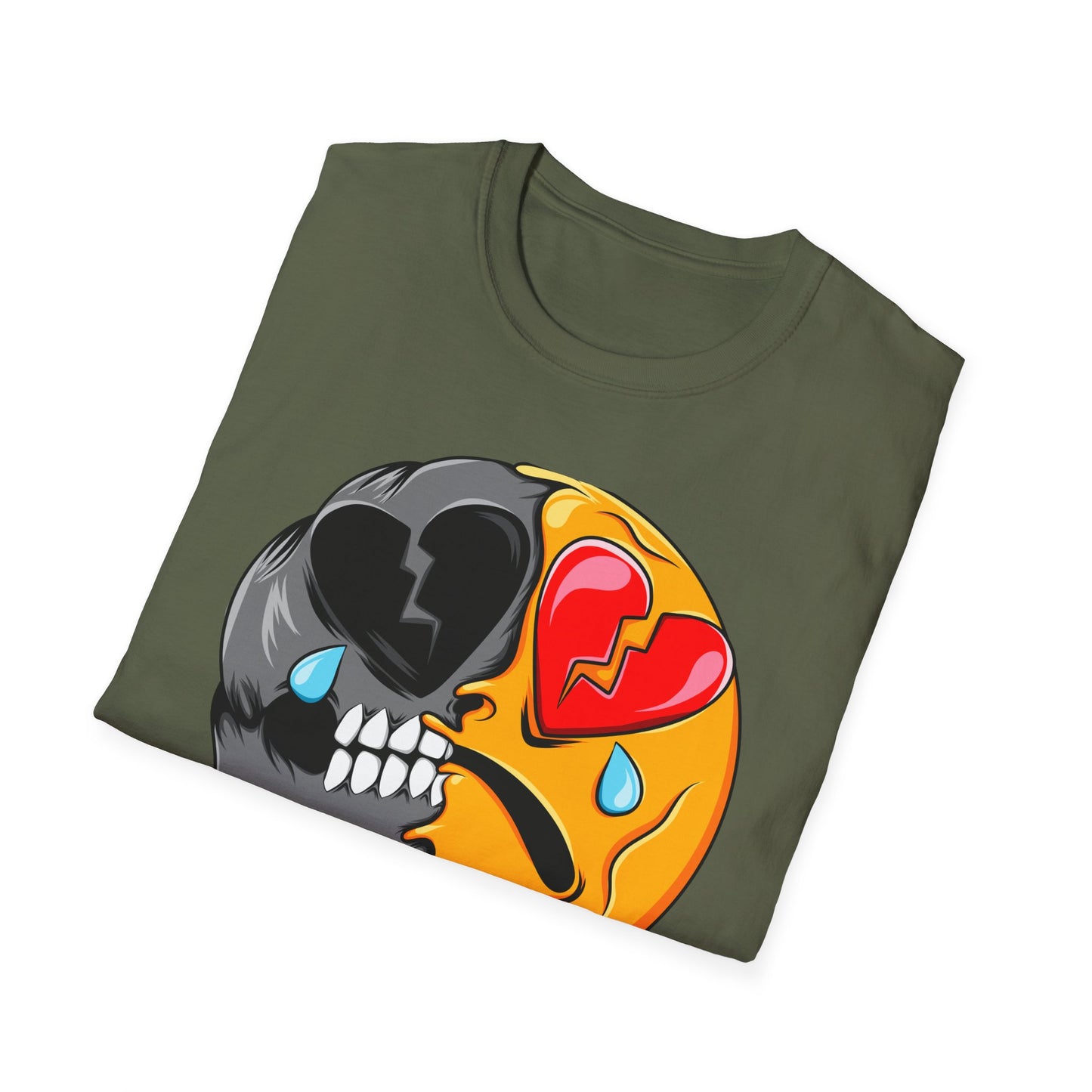 Unique Broken Heart Skull Emoji T-Shirt | Edgy Melted Sad Face Graphic Tee | Expressive Streetwear Statement