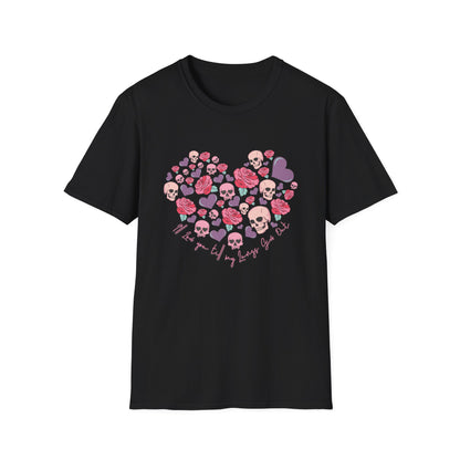 Captivating Goth Skulls & Roses Heart T-Shirt | Edgy 'Love You Till My Lungs Give Out' Tee | Unique Dark Romance Apparel Gift