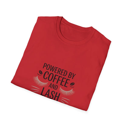 Chic 'Powered by Coffee & Lash Extensions' T-Shirt | Fabulous Lash Tech & Beauty Lover Tee with Cat Eye Design