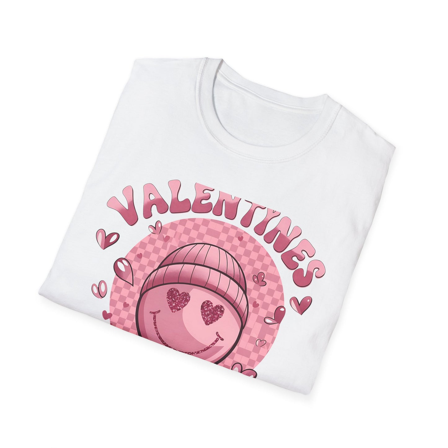 Sparkly Heart Eyes Smiley Valentines Vibes T-Shirt | Trendy Groovy Pink Love Tee for Her