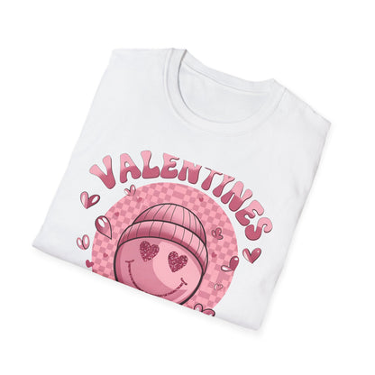 Sparkly Heart Eyes Smiley Valentines Vibes T-Shirt | Trendy Groovy Pink Love Tee for Her