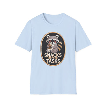 Irresistible Raccoon T-Shirt: "Snacks Before Tasks" Funny Animal Tee - Adorable Foodie Procrastination Gift