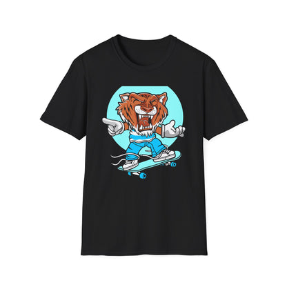 Rad Roaring Tiger Skateboard T-Shirt | Fierce Skater Mascot Graphic Tee for Extreme Style