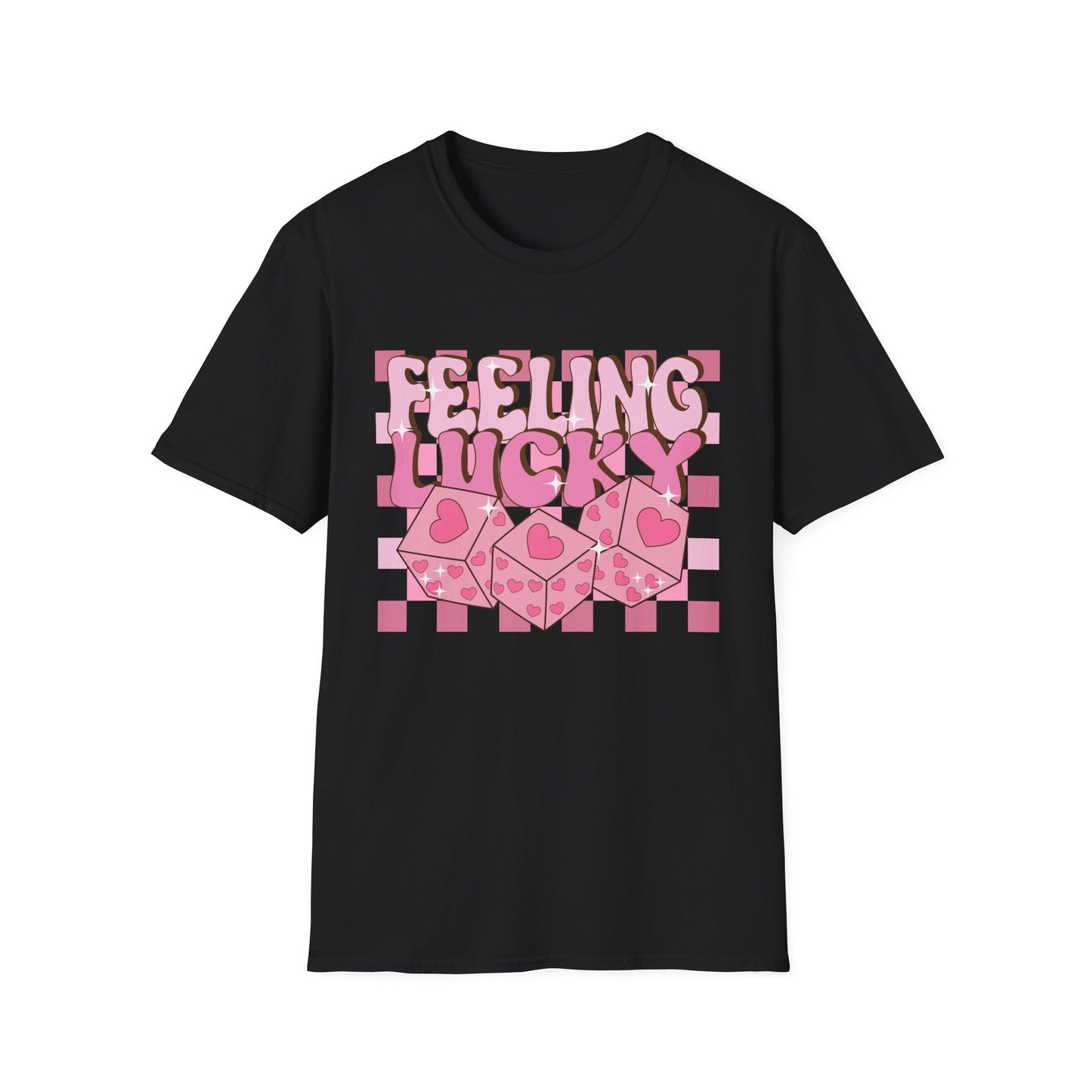 Feeling Lucky Groovy T-Shirt | Pink Heart Dice Retro Aesthetic Tee | Trendy Y2K Cute Sparkling Top for Women & Teens