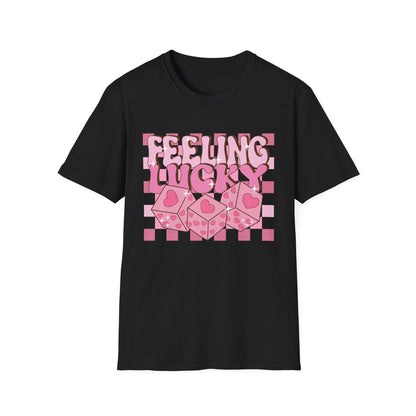 Feeling Lucky Groovy T-Shirt | Pink Heart Dice Retro Aesthetic Tee | Trendy Y2K Cute Sparkling Top for Women & Teens
