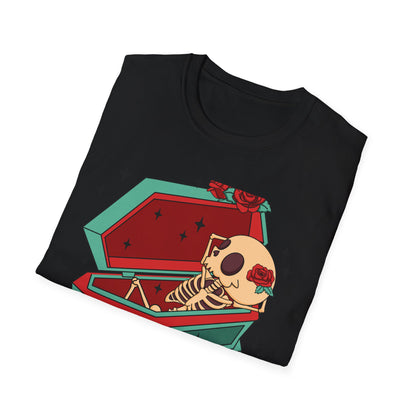 Chill Skeleton in Coffin T-Shirt | Unique Spooky Cute Goth Tee with Red Roses | Ultimate Alternative Style