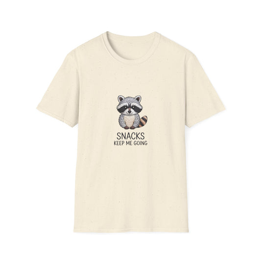 Adorable Raccoon 'Snacks Keep Me Going' T-Shirt | Funny Animal Lover Tee & Foodie Gift | Cute & Cozy Must-Have Apparel
