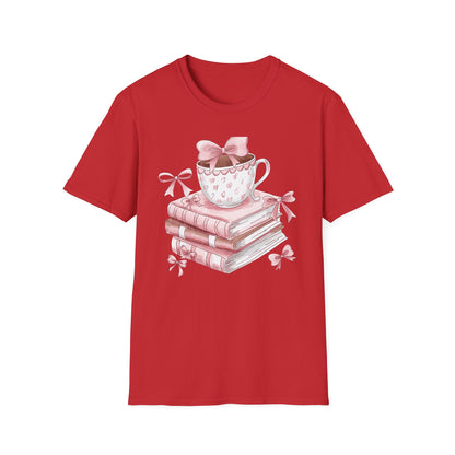 Cozy Pink Books & Teacup T-Shirt | Aesthetic Book Lover Gift | Delightful Reader Style Top
