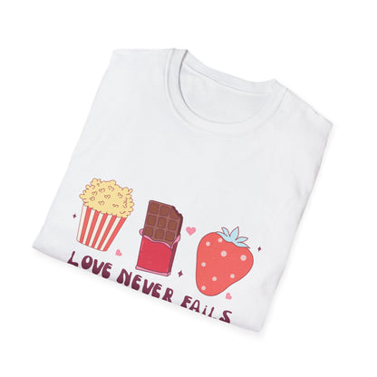 Delicious Retro Love Never Fails T-Shirt - Popcorn, Chocolate, Strawberry Snack Tee for Foodies & Romantics
