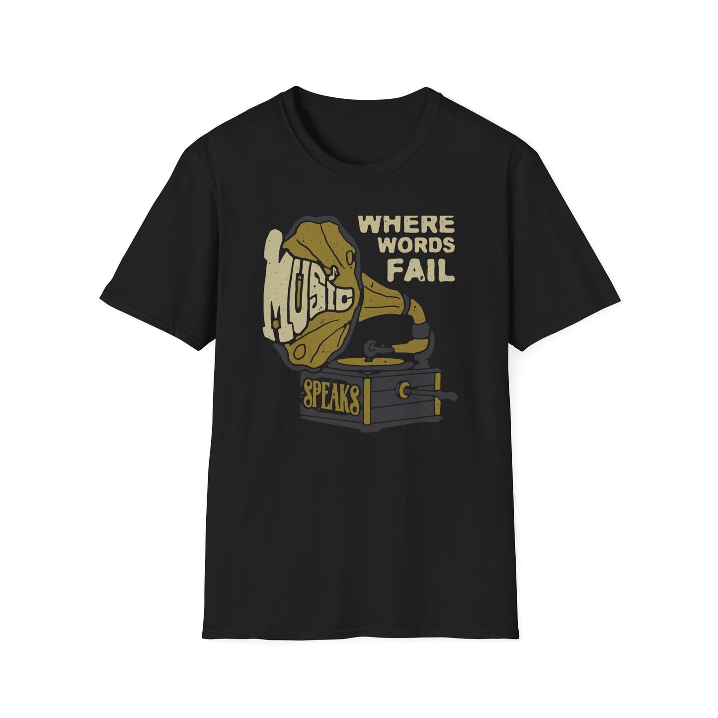 Expressive 'Where Words Fail Music Speaks' T-Shirt - Vintage Gramophone Design for Soulful Music Lovers