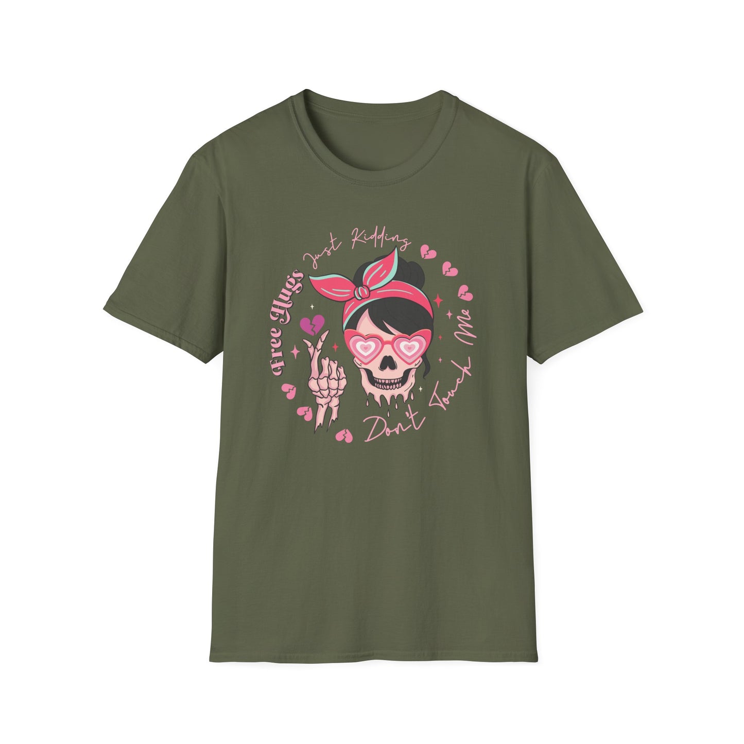 Sassy Skull 'Free Hugs Just Kidding' T-Shirt | Edgy Pink Heart Sunglasses & Broken Hearts Tee | Funny Personal Space Gift for Her