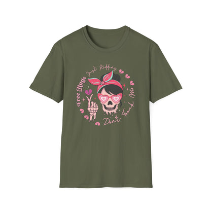 Sassy Skull 'Free Hugs Just Kidding' T-Shirt | Edgy Pink Heart Sunglasses & Broken Hearts Tee | Funny Personal Space Gift for Her