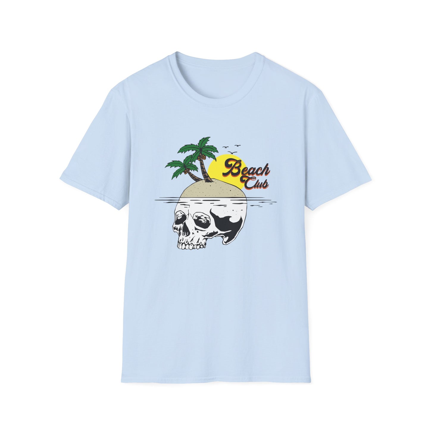 Skull Island Beach Club T-Shirt | Unique Tropical Retro Summer Vacation Tee | Edgy Palm Tree Sunset Graphic