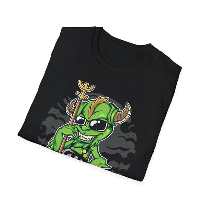 Wicked Mischievous Green Imp T-Shirt | Cool Cartoon Devil with Trident & Checkered Pants | Edgy Graphic Tee