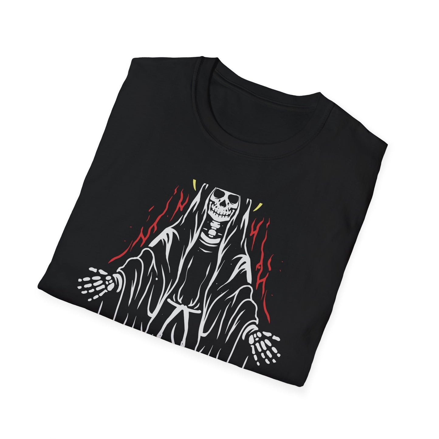 Mystic Skeleton Saint T-Shirt | Haunting Grim Reaper with Halo & Red Accents | Gothic & Alternative Apparel