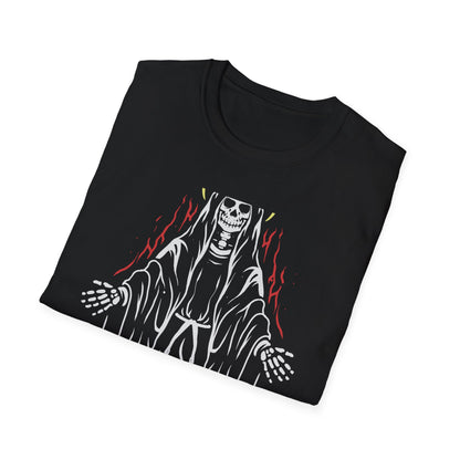 Mystic Skeleton Saint T-Shirt | Haunting Grim Reaper with Halo & Red Accents | Gothic & Alternative Apparel