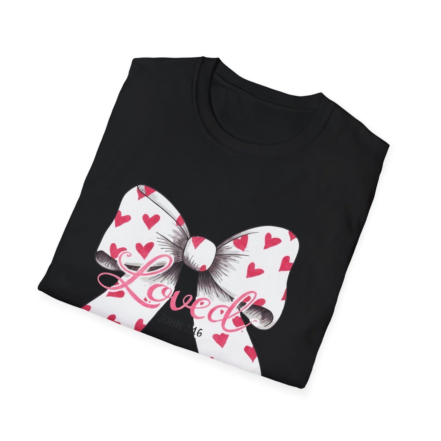 Inspiring 'Loved' John 3:16 T-Shirt | Christian Faith Tee with Hearts Bow | Beautiful Spiritual Gift for Women