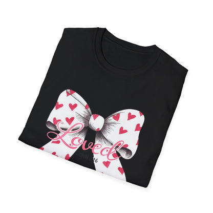 Inspiring 'Loved' John 3:16 T-Shirt | Christian Faith Tee with Hearts Bow | Beautiful Spiritual Gift for Women