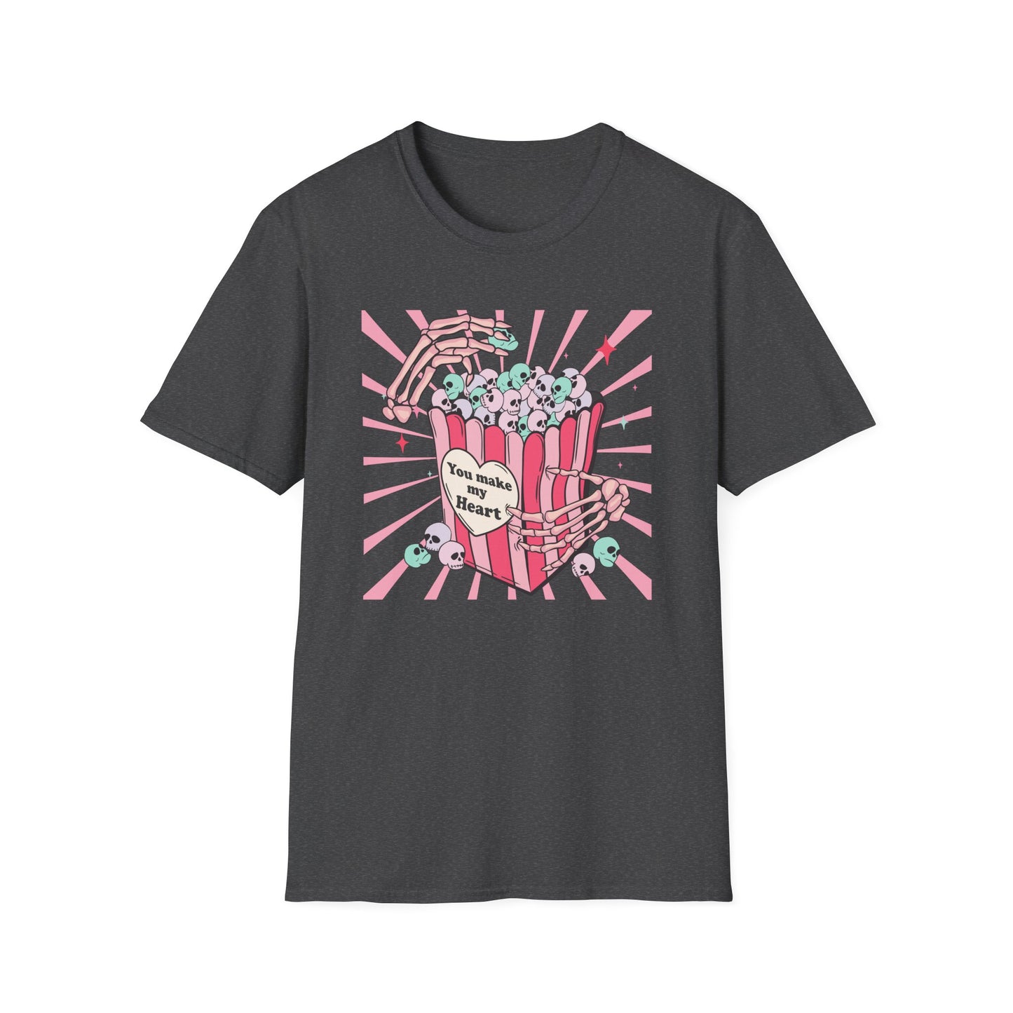 Spooky Sweet Skeleton 'You Make My Heart' T-Shirt | Pastel Goth Skull Popcorn Tee | Edgy Valentine's Day Gift for Unique Love