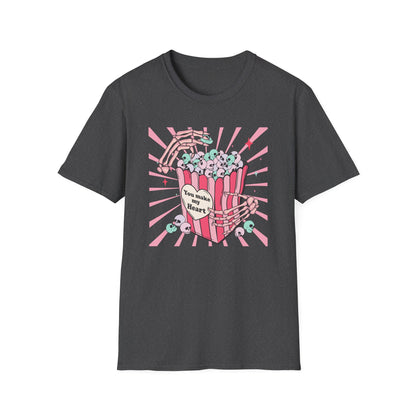 Spooky Sweet Skeleton 'You Make My Heart' T-Shirt | Pastel Goth Skull Popcorn Tee | Edgy Valentine's Day Gift for Unique Love