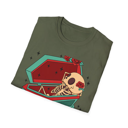Chill Skeleton in Coffin T-Shirt | Unique Spooky Cute Goth Tee with Red Roses | Ultimate Alternative Style
