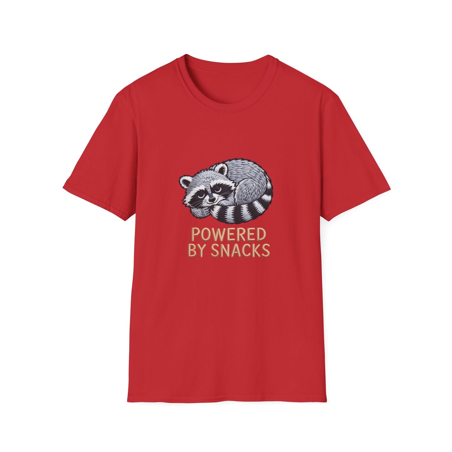 Powered By Snacks Adorable Raccoon T-Shirt | Funny Foodie Animal Lover Tee | Hilarious Snack Enthusiast Gift