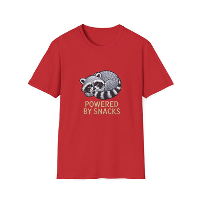Powered By Snacks Adorable Raccoon T-Shirt | Funny Foodie Animal Lover Tee | Hilarious Snack Enthusiast Gift