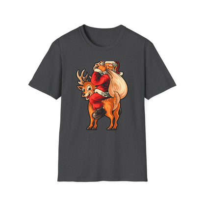 Epic Santa Riding Reindeer T-Shirt - Funny Christmas Piggyback Holiday Tee | Joyful Festive Apparel