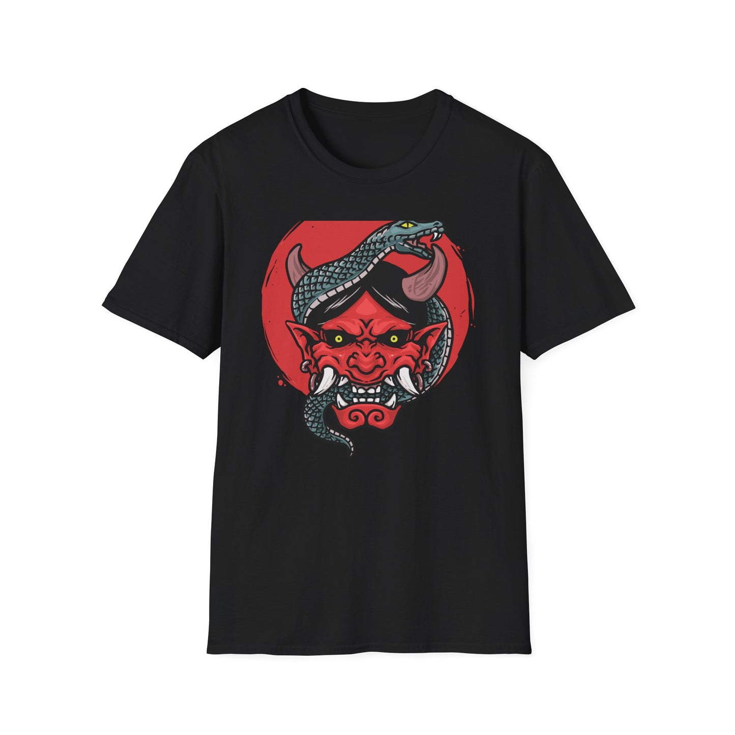 Fierce Hannya Mask & Snake T-Shirt - Striking Japanese Folklore Tattoo Art Tee | Bold Cultural Statement
